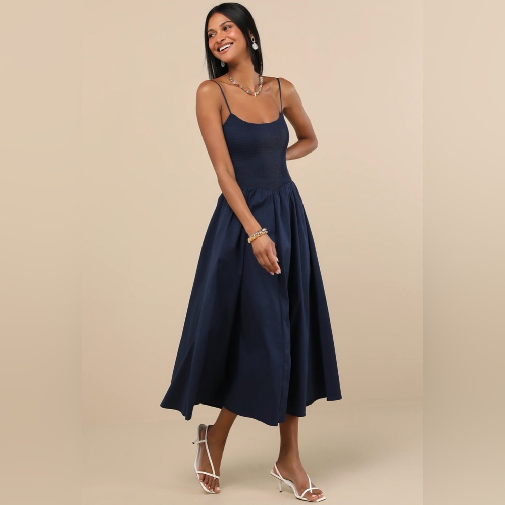 Lulus Tandria Smocked Sleeveless Midi Dress Navy XL NWT
